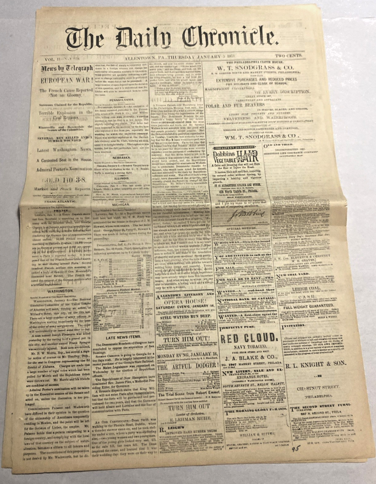 The Daily Chronicle, Newspaper, Allentown Pa, January 5, 1871