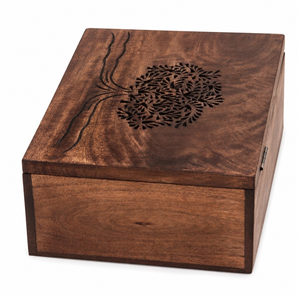 Store Indya Wooden tea box Caddy with Tree Of Life Motif and 6 compartments