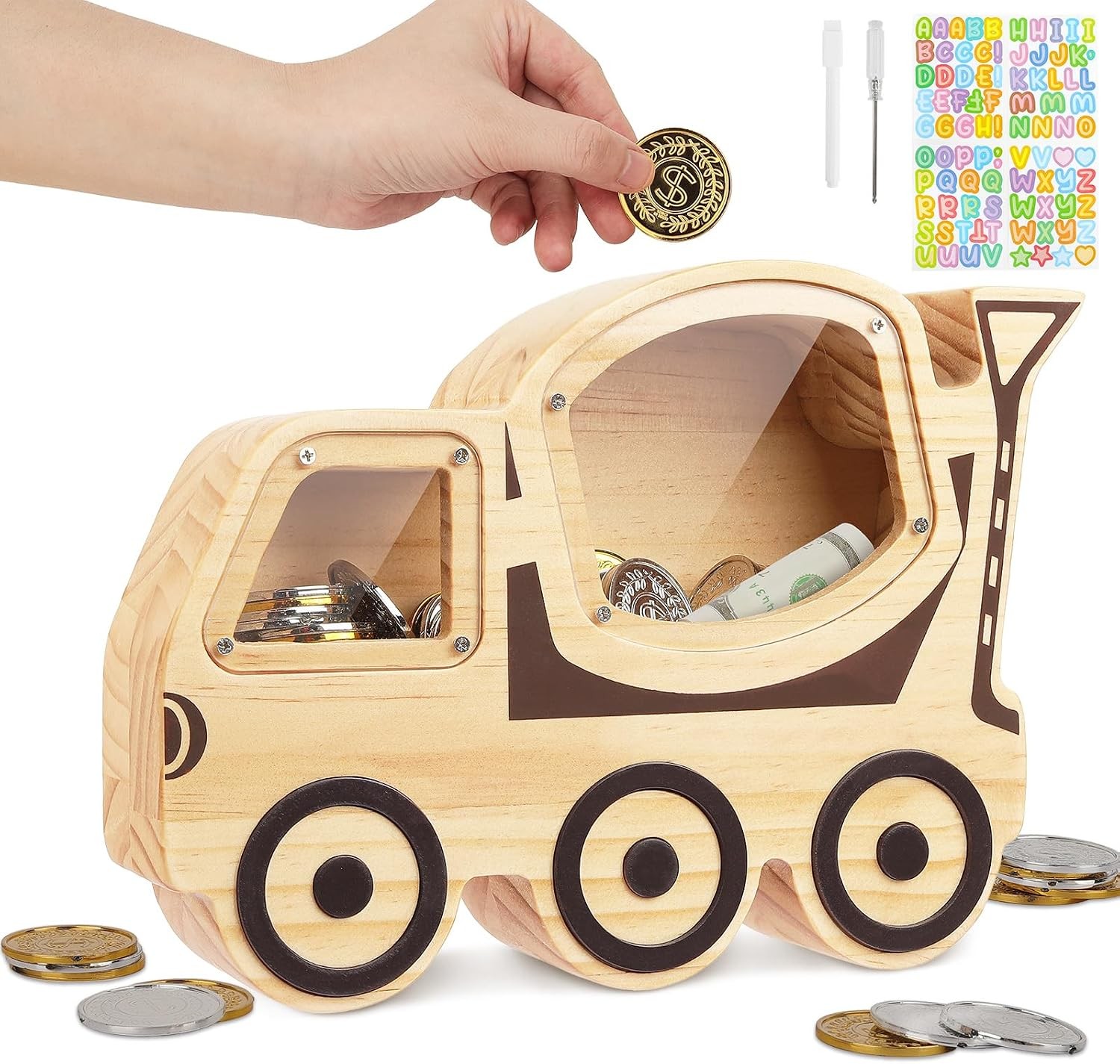 Wooden Piggy Bank for Kids, Unbreakable Coin Bank, Cement Tanker