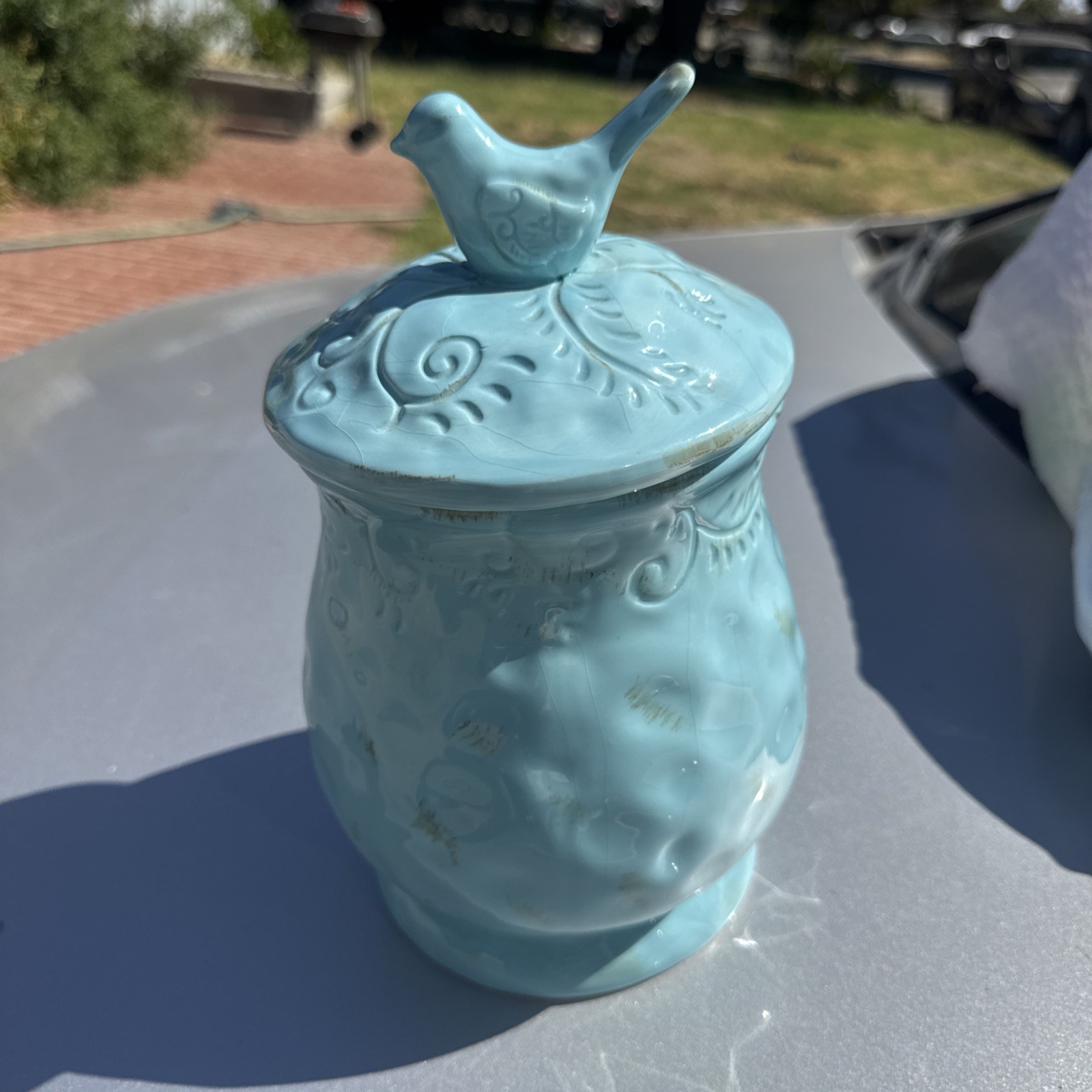 Shabby Chic Light Blue Ceramic Kitchen Canister Featuring Sculpted Bird Finial