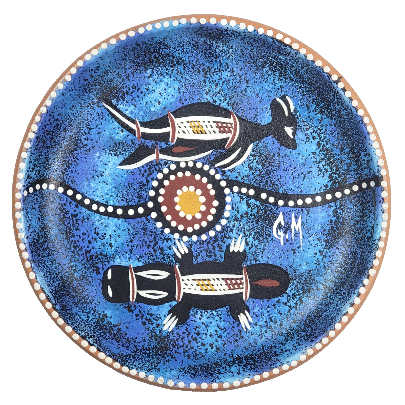 Ceramic Terracotta Art Dish, Aboriginal Australian, Kangaroo / Crocodile, Signed
