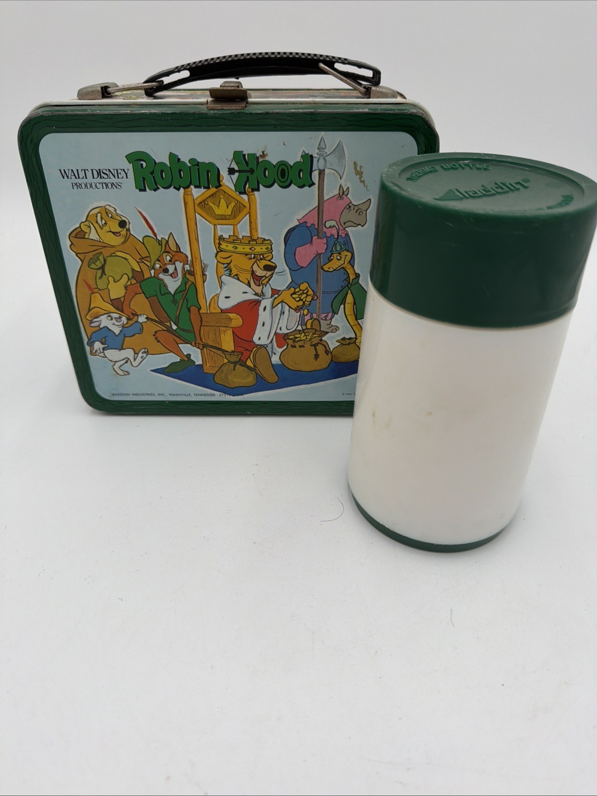 Rare Vintage 1973 Aladdin Disney Robin Hood Metal Lunchbox And White Thermos Rare Vintage 1973 Aladdin Disney Robin Hood Metal Lunchbox And White Thermos