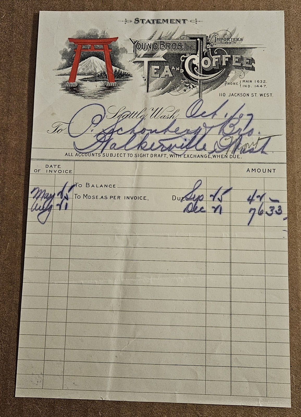 Young Bros. Inc. Importers Of Tea And Coffee Antique Invoice Letterhead 1909