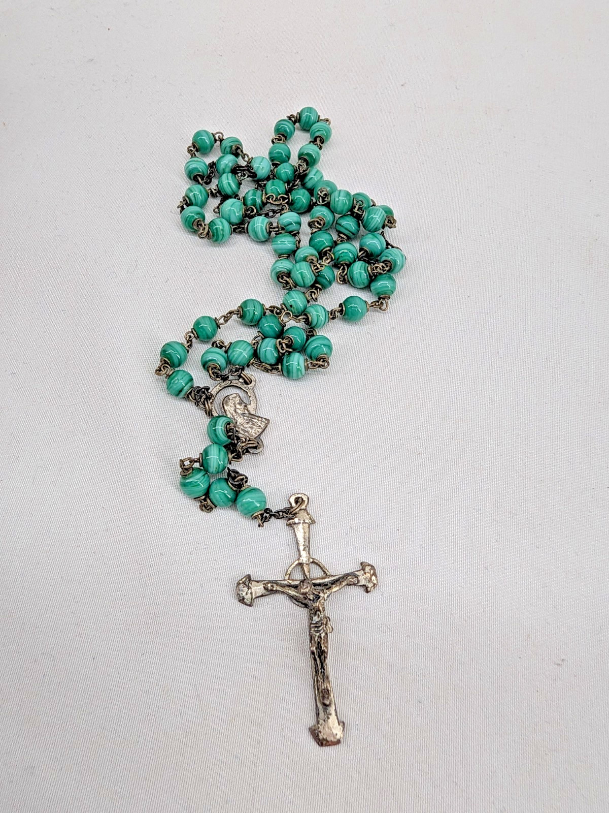 Vintage Roma 800 Silver Rosary Green Malachite Glass Beads Crucifix Italy