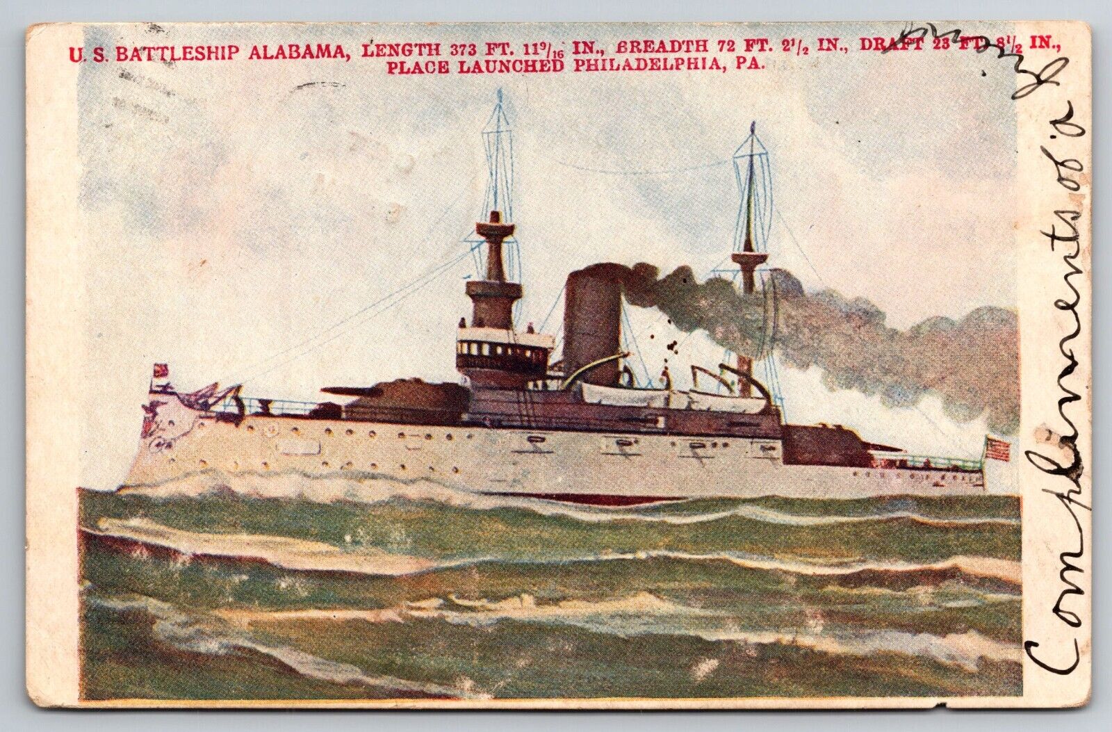 c1906 US Battleship Alabama Steamer Ship Place Launched Philadelphia PA Postcard