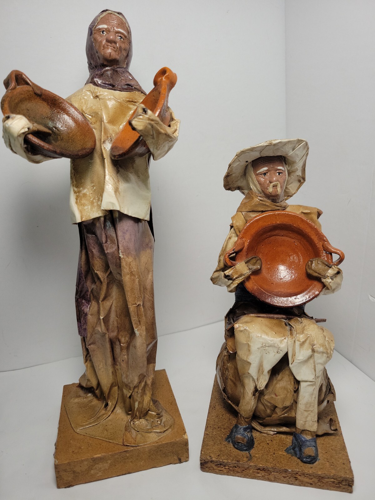 Vintage Mexian Folk Art Hand Made Paper Mache Man and Woman Figurines