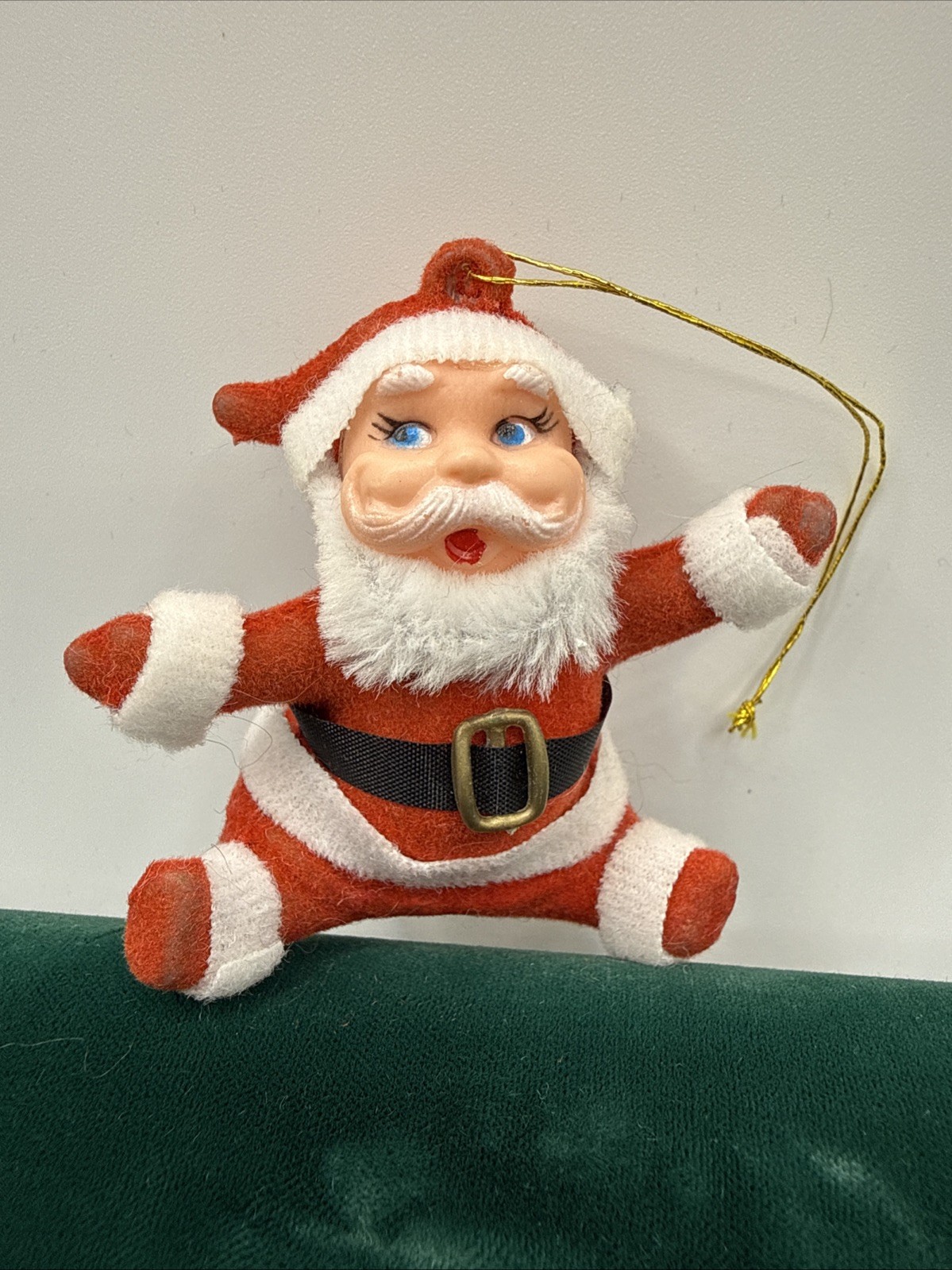 Vintage Santa Claus Flocked Ornament Red Mid Century Dancing Merry 3 Inch Figure