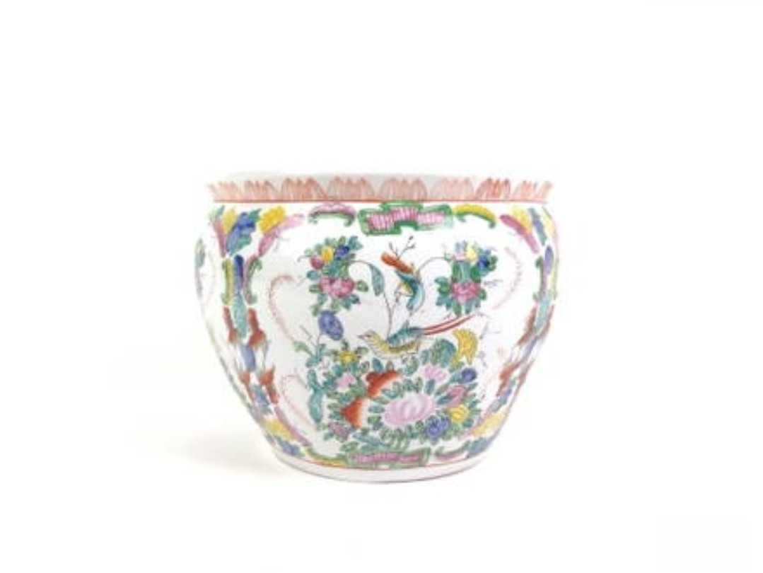 Vintage Chinese Famille Rose Fish Bowl Planter Goldfish Koi Cachepot Jardiniere 