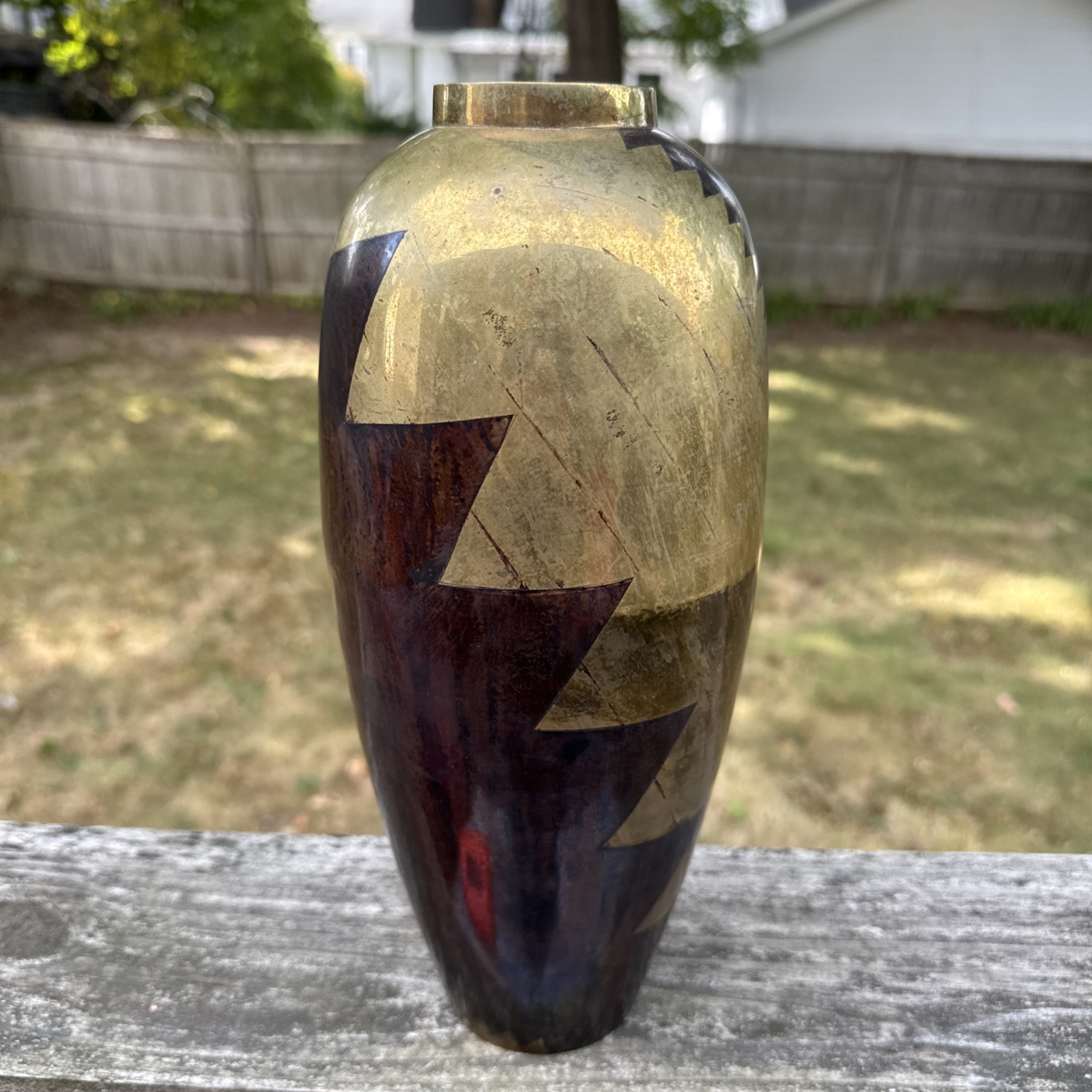 Vintage DEFINITIVE Brass Vase 12” Modernist Geometric MCM Dinanderie Style