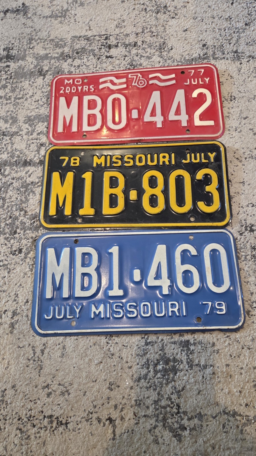Lot of 3 Vintage Missouri license plates from 1970\'s.  1979, 1978, 1977