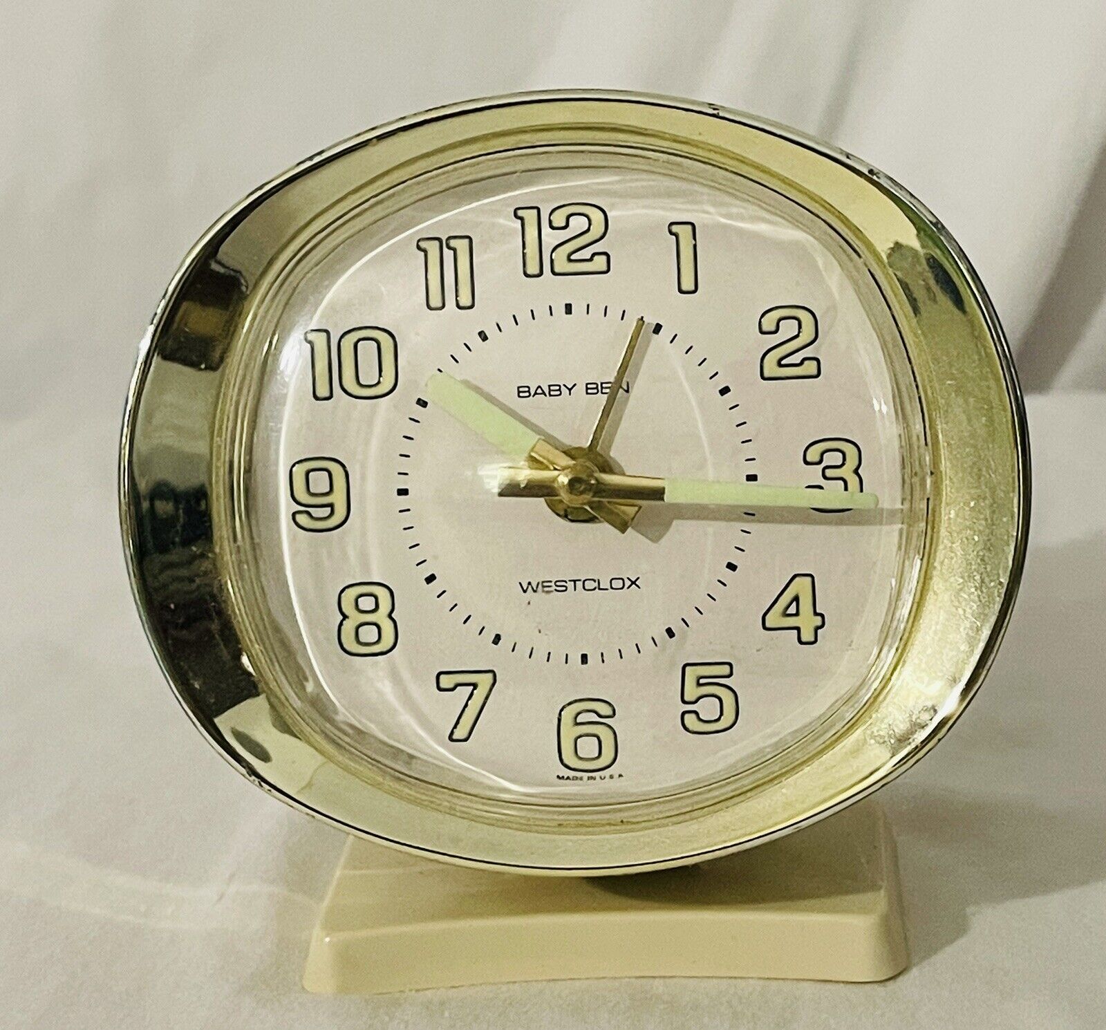 Vintage Baby Ben Westclox Gold & Cream Alarm Clock Wind Up Glow In Dark Works