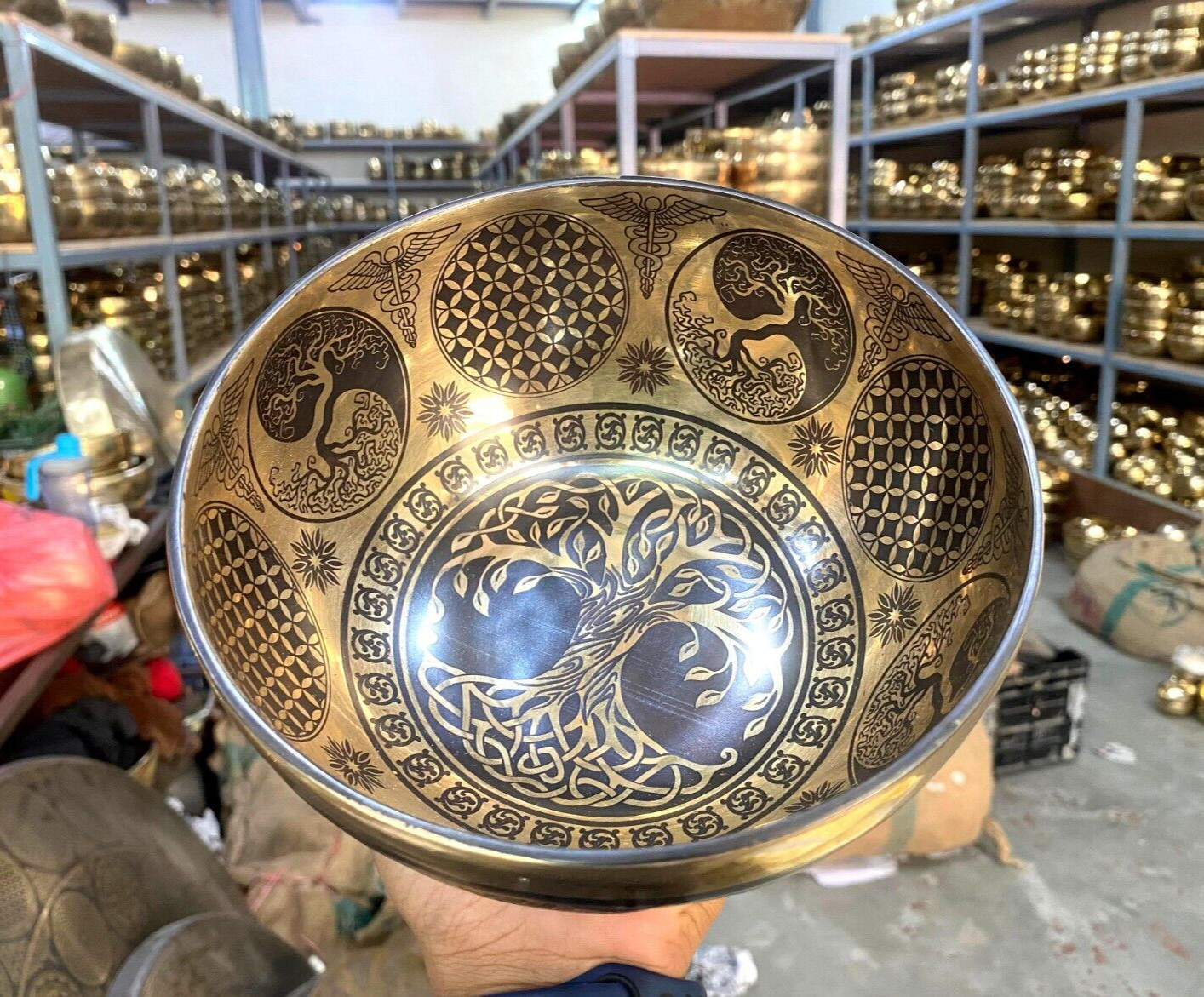 9 Inches Tree Of Life Carving -Tibetan Handmade Sound Healing Singing Bowl -Yoga