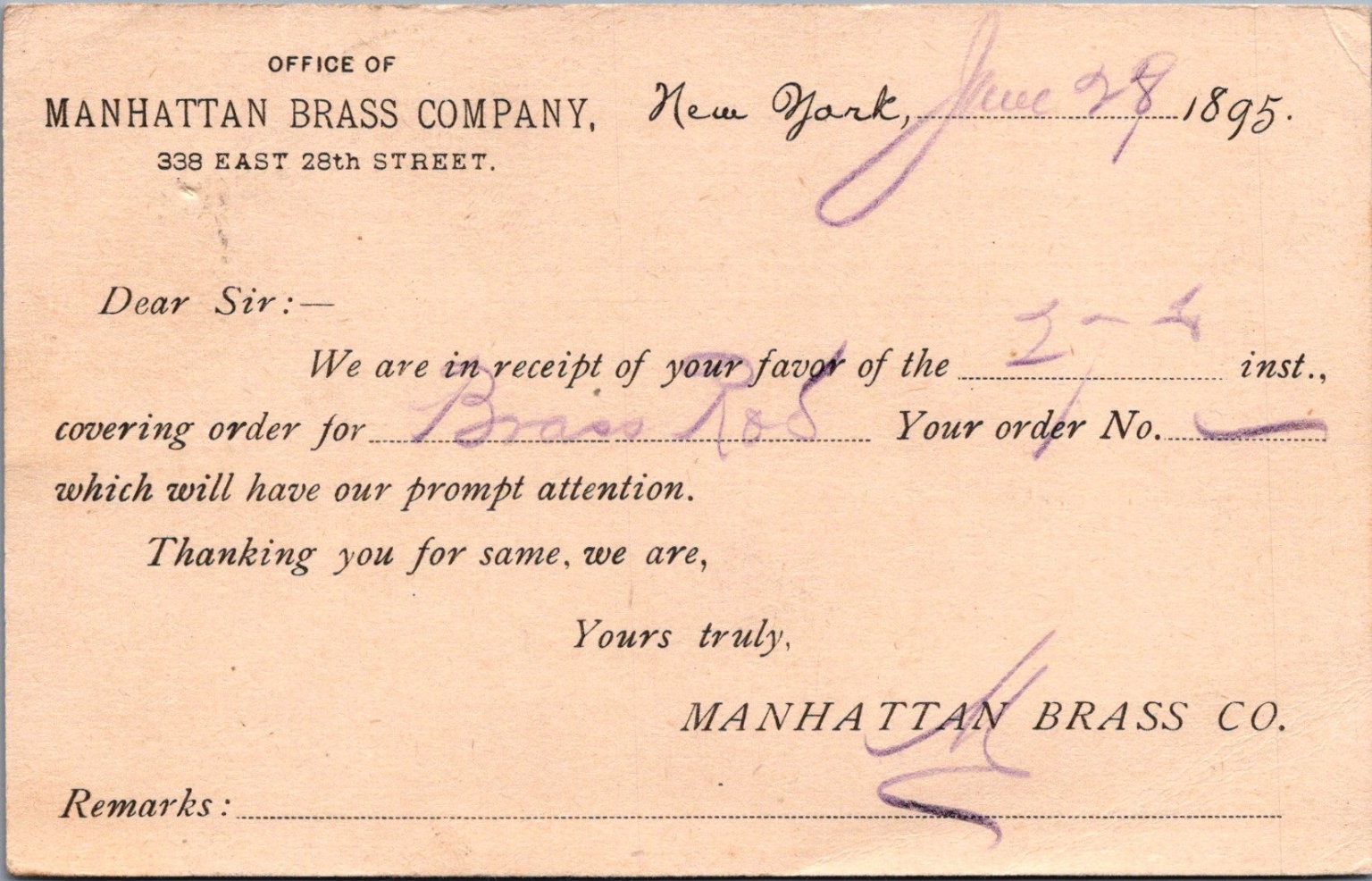 1895 Manhattan Brass Co. New York Postal Card - East Hampton CT Posted 1895 Manhattan Brass Co. New York Postal Card - East Hampton CT Posted