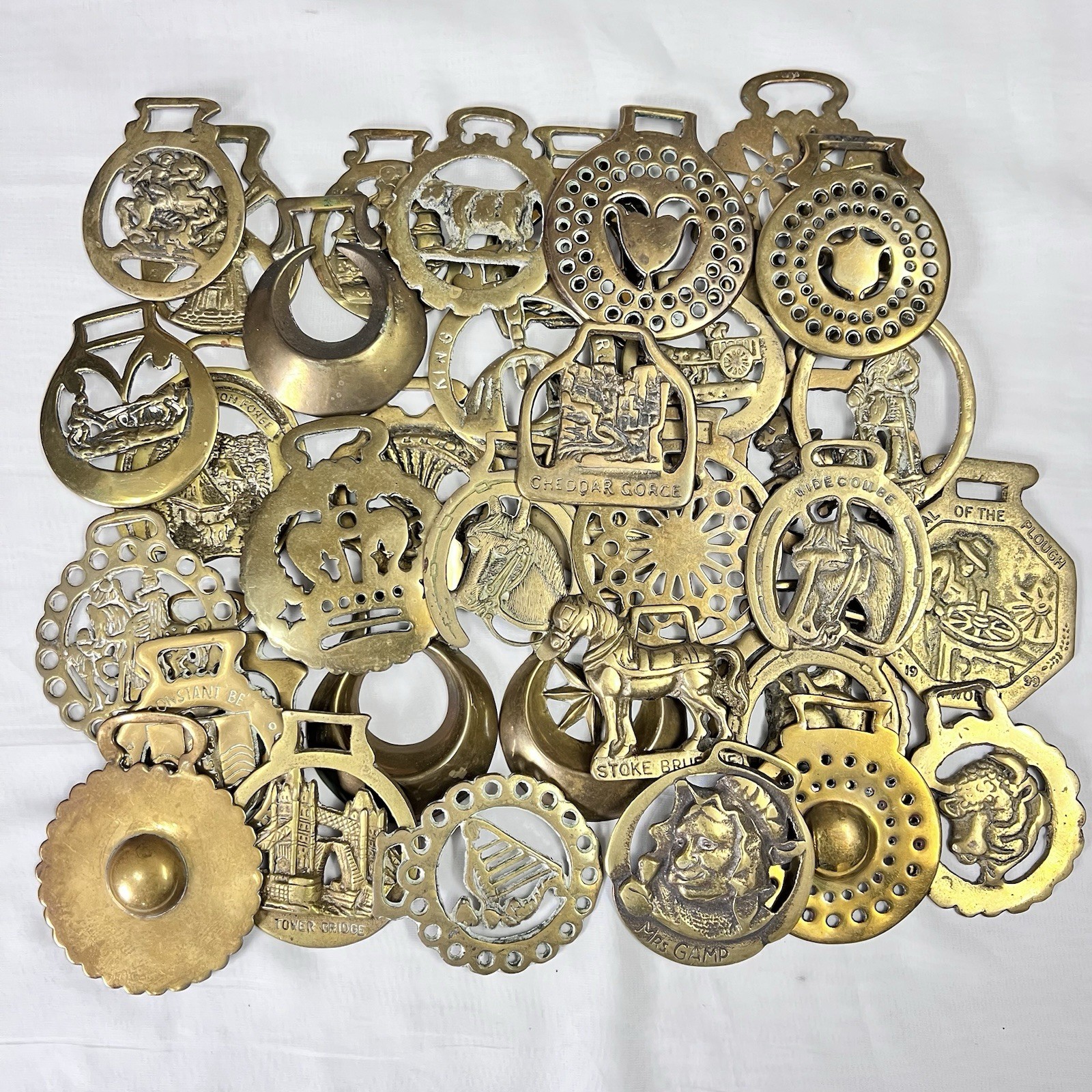 Brass Horse Medallion Lot of 36 Vintage to Antique Souvenir Sun Boss Cow Queen