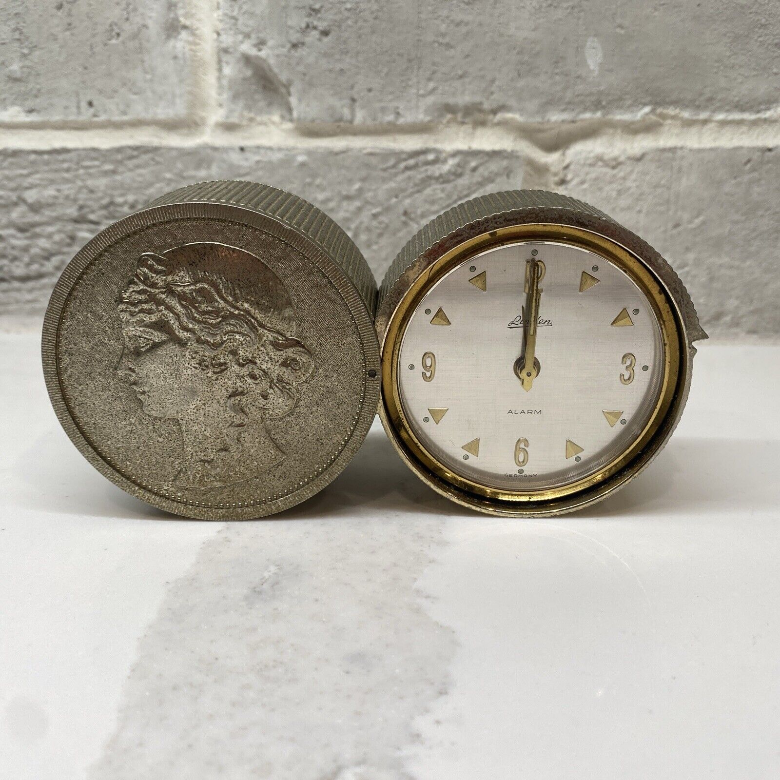 Linden Vintage Travel Alarm Clock Wind Up Gold Roman Coin Design Germany Made