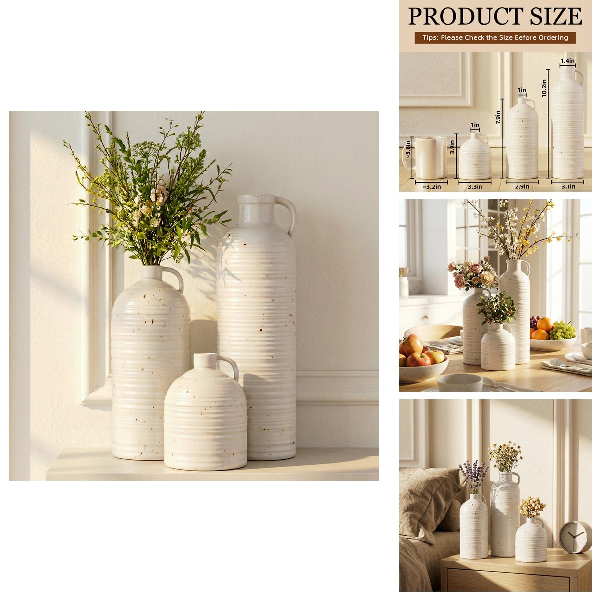 Firehold Ceramic Vase Set of 3 w/Handles - White