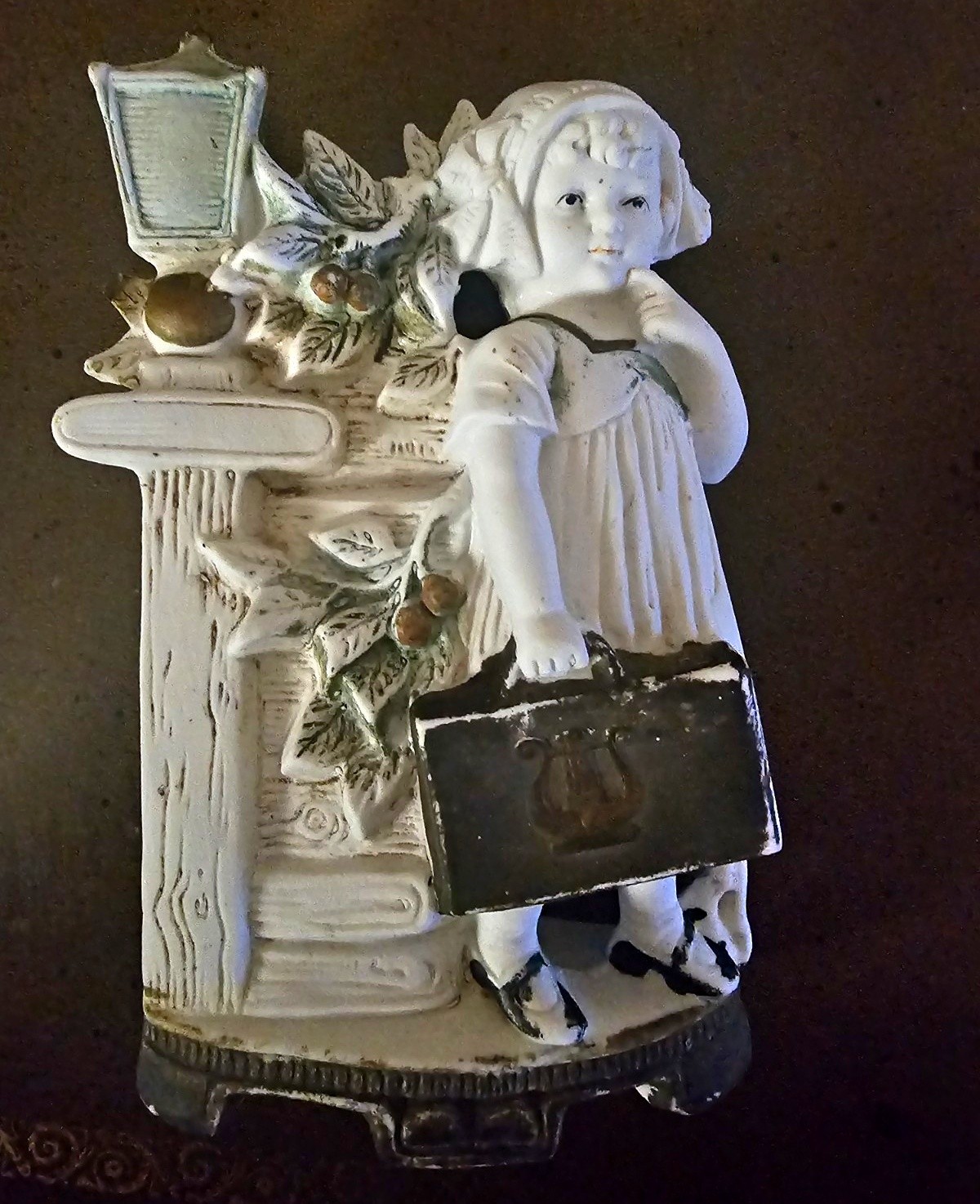 Spill vase. Bisque Figurine Girl with Satchel by Mailbox. Germany 1900