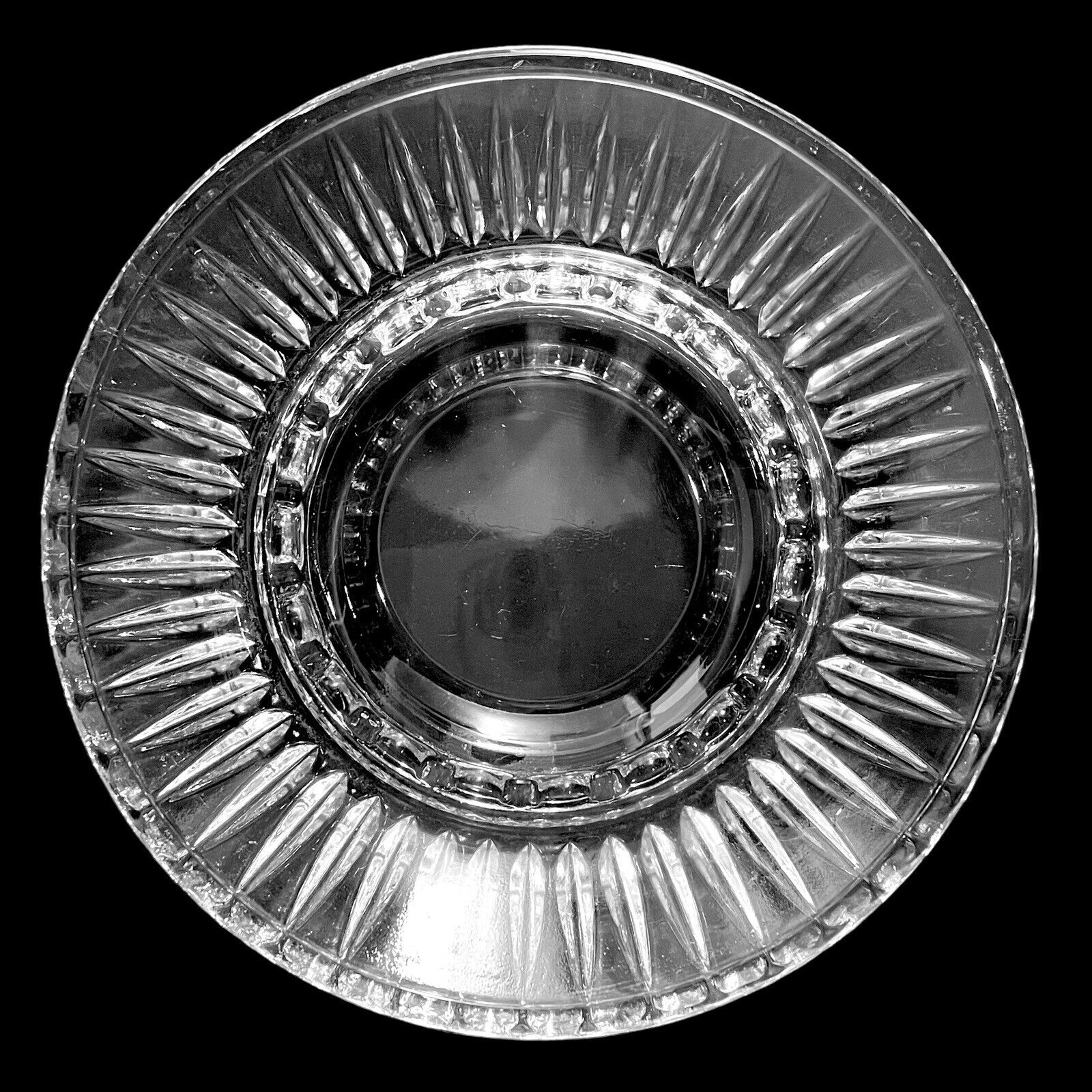 Vintage 1970s Libbey Art Deco Style Ashtray Round Clear Pressed Glass Starburst
