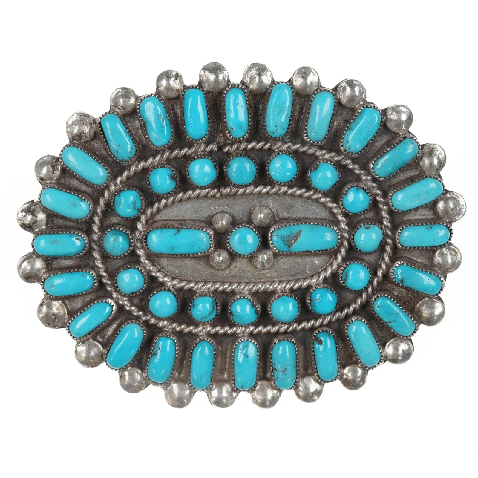Large 1975 Peyketewa Zuni Sterling and turquoise cluster pin Large 1975 Peyketewa Zuni Sterling and turquoise cluster pin