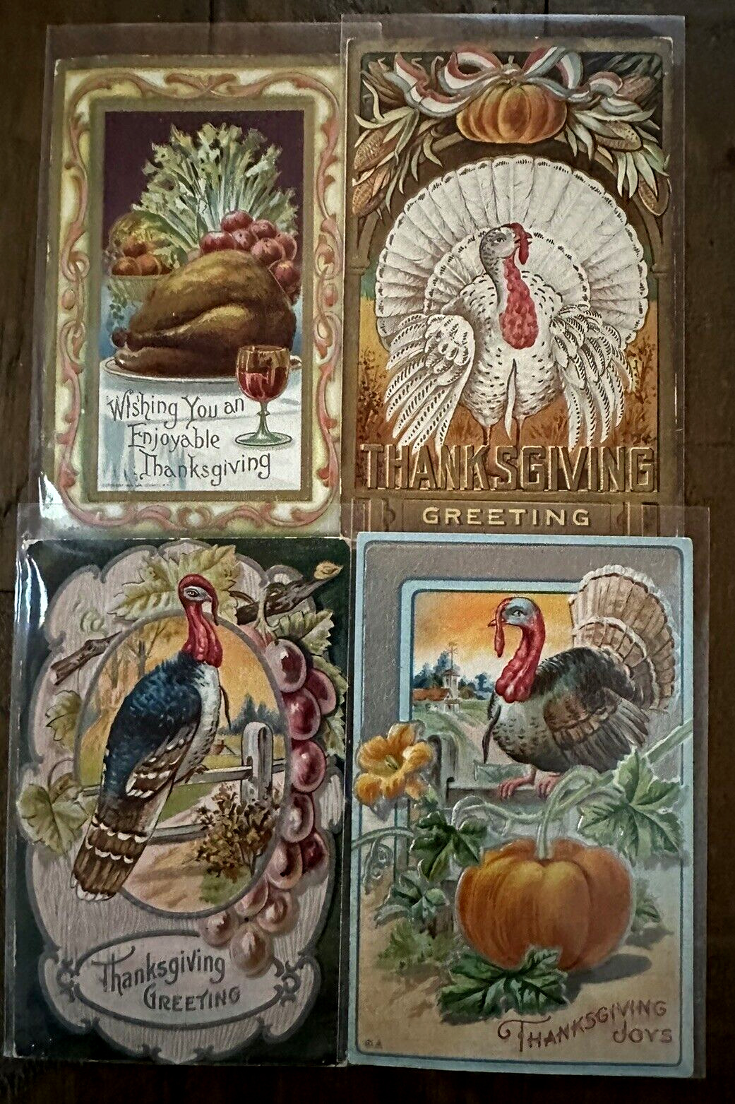 Nice ~Lot of 4 ~Vintage Antique  Thanksgiving Postcards with Turkeys~Fruit~h758
