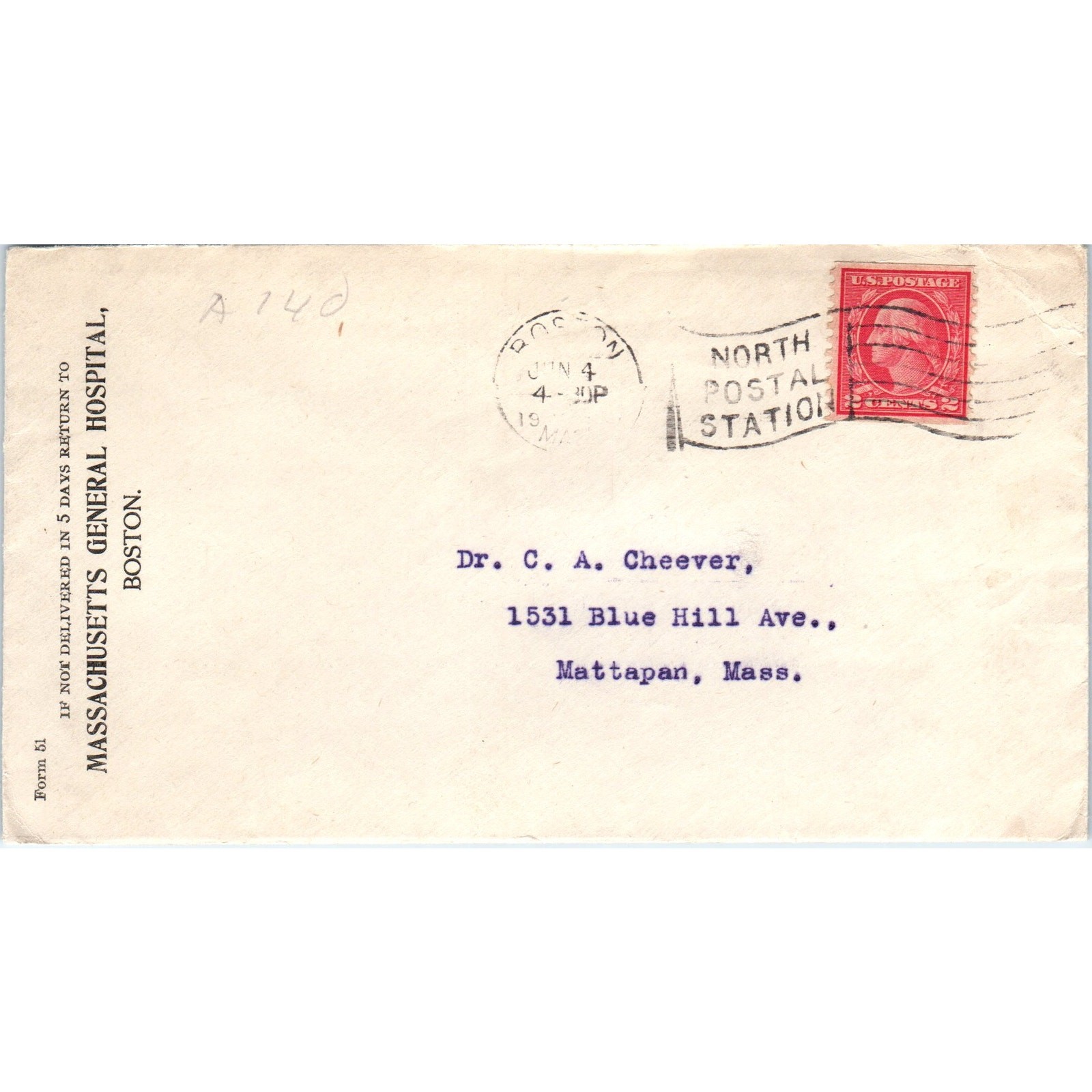 MA General Hospital Boston to Dr. C.A. Cheever Mattapan MA Postal Cover TG7-PC3