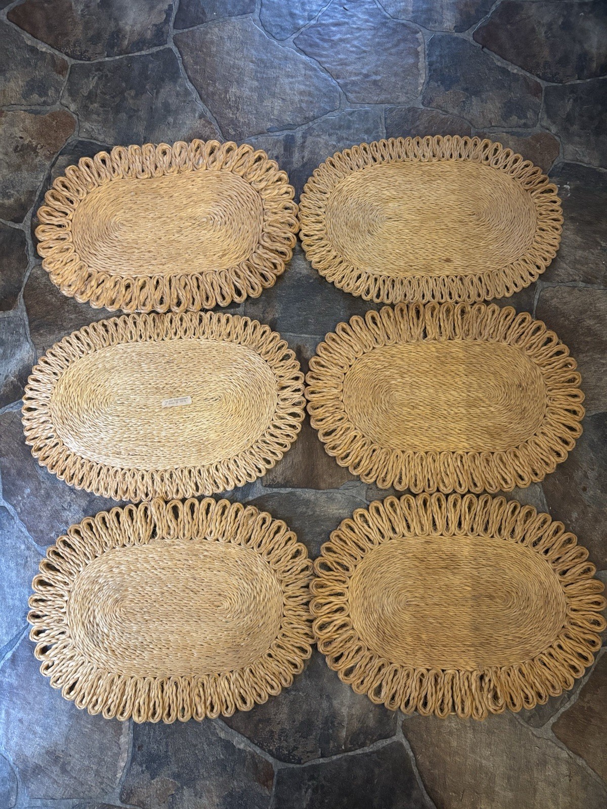 Vintage Fallani & Cohn Woven Hemp Straw Placemat Yellow Brown MCM 6 pc Retro