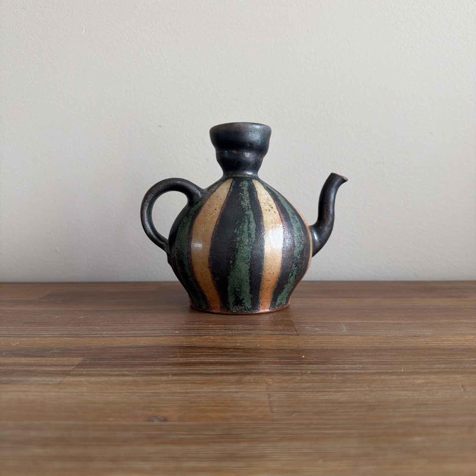 Vintage Studio Pottery Teapot French Japanese Striped Artist Cypher Signed