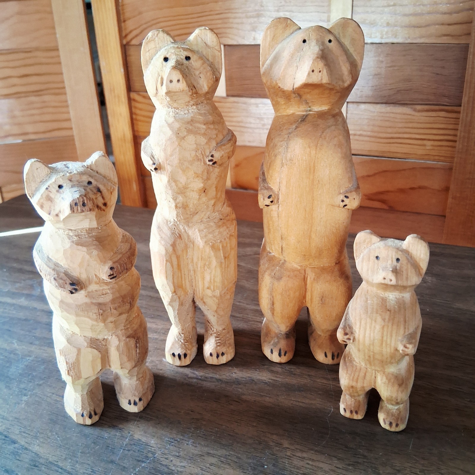 Vintage Hand Carved Wood Bear Signed set of 4 Rustic Cabin Lodge Folk Art Family