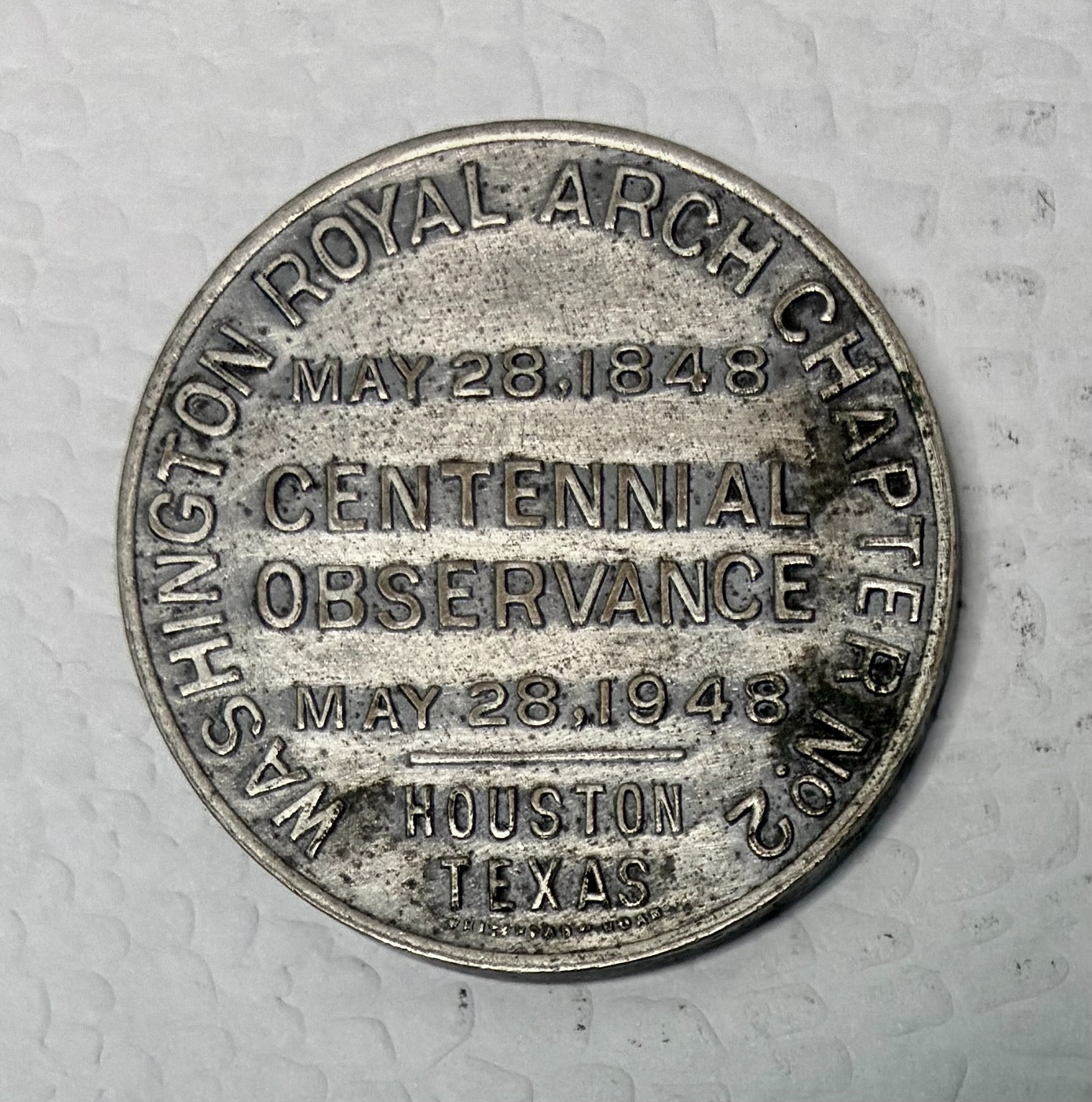 1948 Houston Texas Masonic Token, Centennial Observance May 28, 1948 1948 Houston Texas Masonic Token, Centennial Observance May 28, 1948