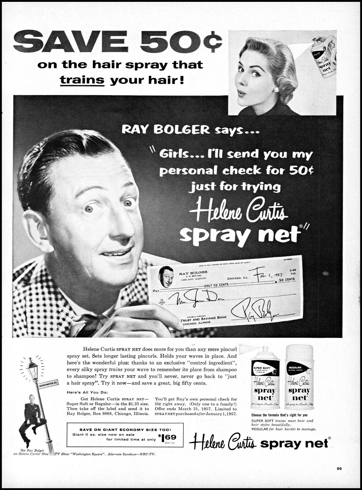 1959 Ray Bolger Wizaed of Oz Helene Curtis spray net vintage photo print ad L56