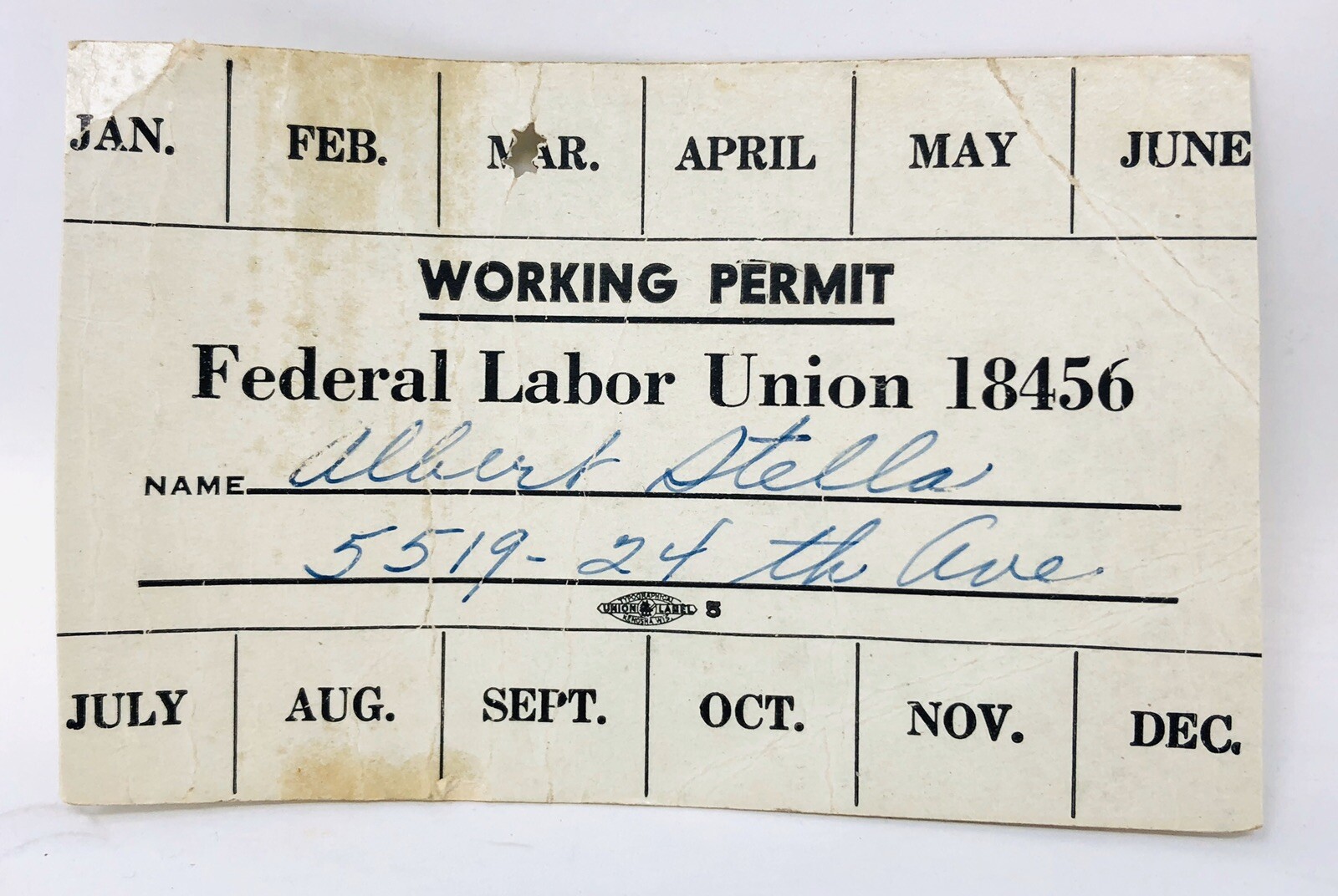 Rare Vintage United States Federal Labor Union Workers Working Permit Card J21