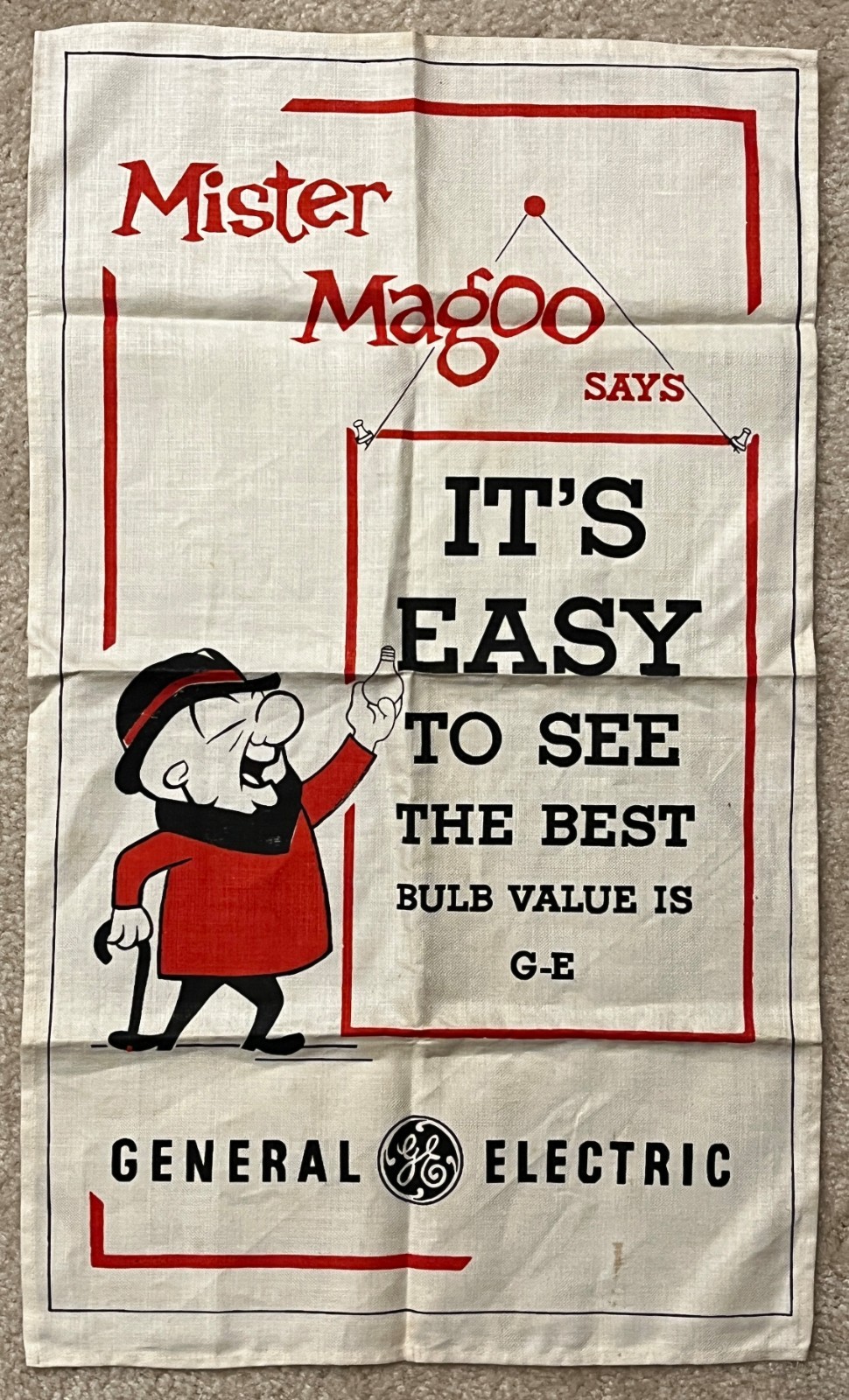 Vintage 1960’s Mr. Magoo GE General Electric Light Bulb Advertising KitchenTowel