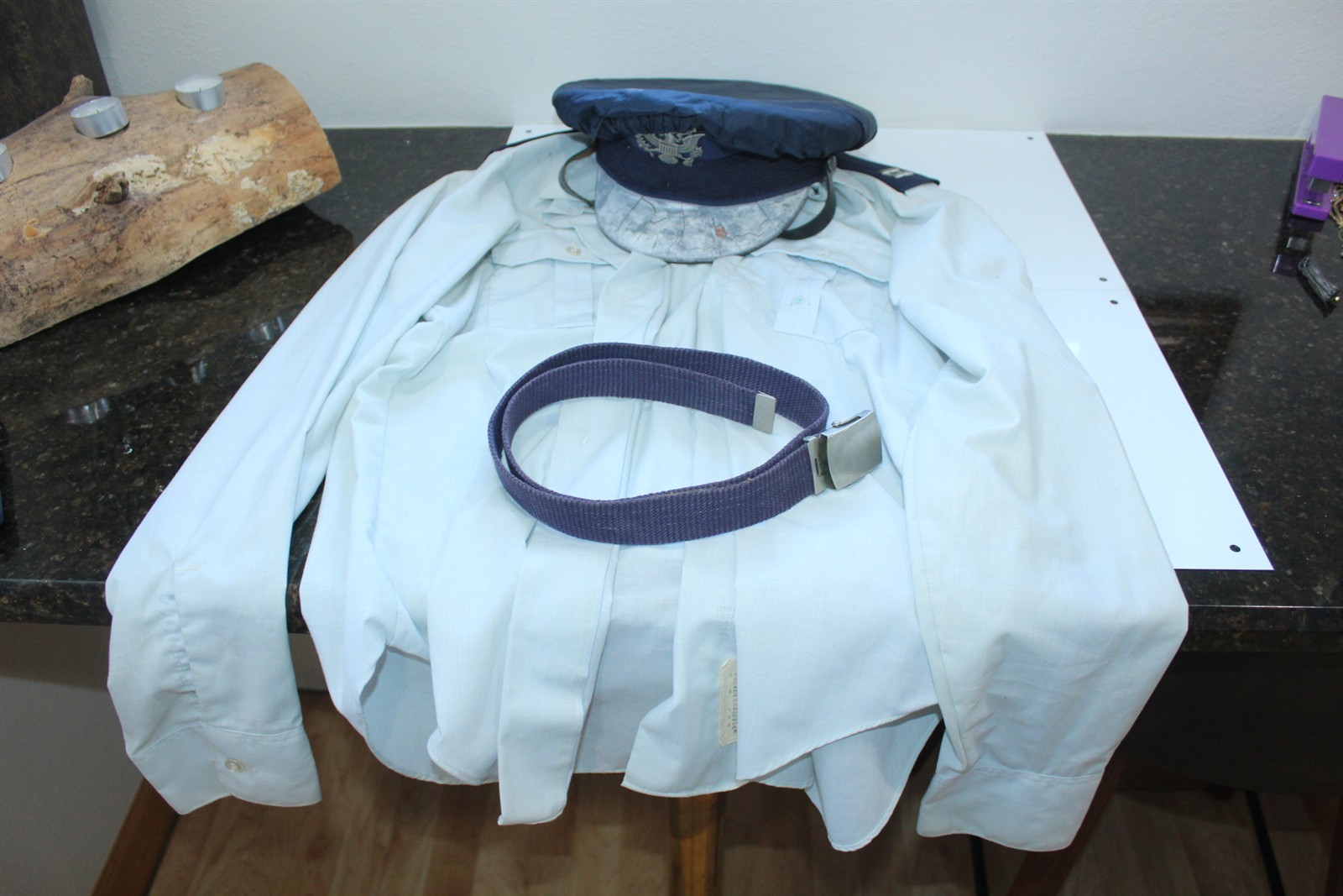 Vintage Retired Air Force Blue Cap With Cover, White Shirt And Blue Belt