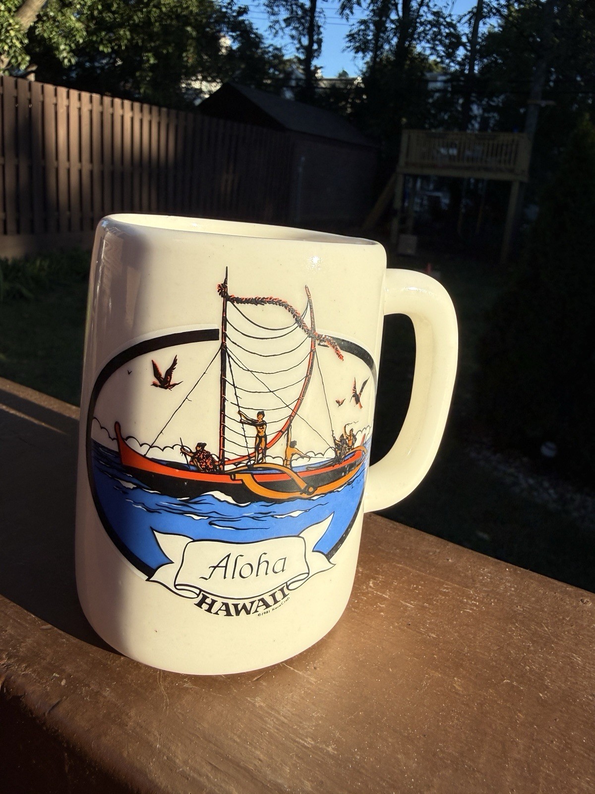 Vintage 1981 KavaCraft Hawaii Aloha Outrigger Canoe Coffee Mug Honolulu Ceramic