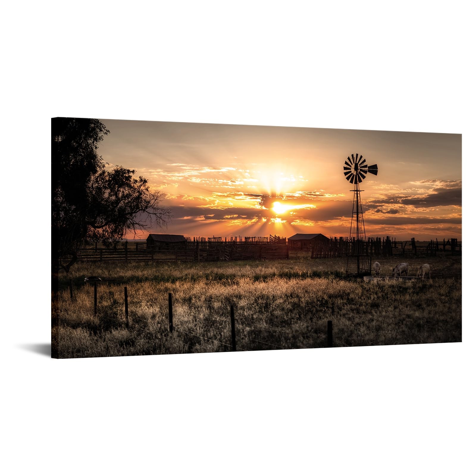 LevvArts Large Wall Art Rural Landscape Farmhouse Windmill Sunset Canvas Print