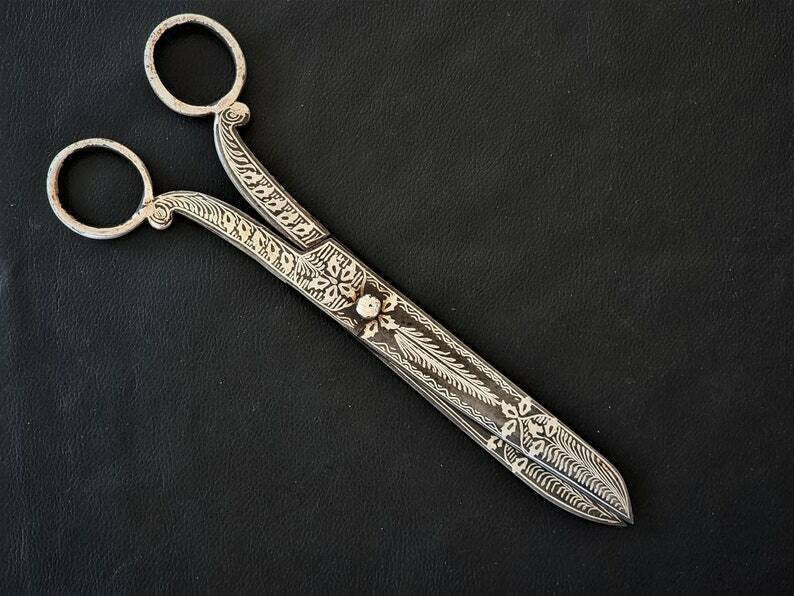 Antique Scissor Handmade Damascus Steel With Silver Damascened Work Vintage