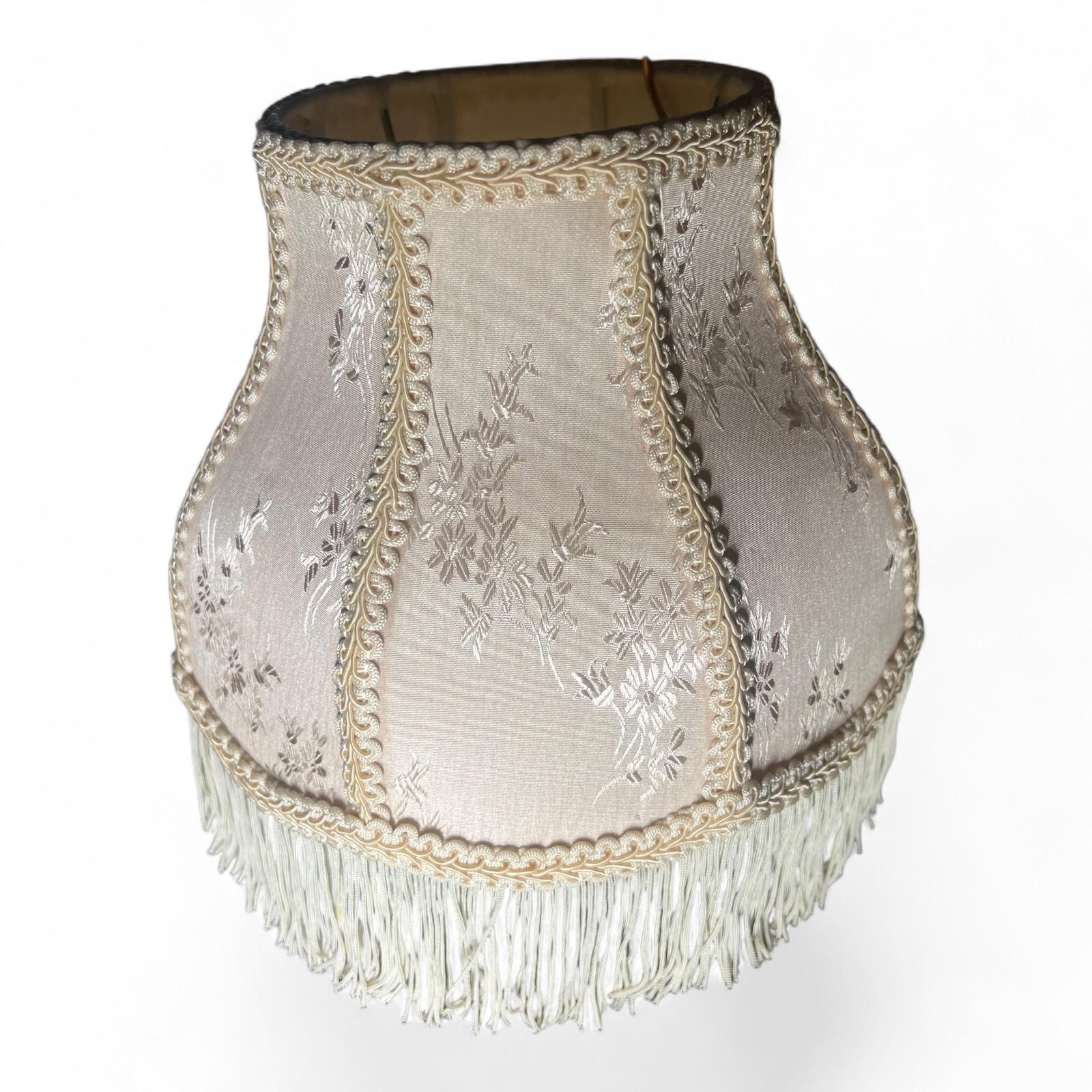 Vintage Dusty Rose Cream Damask Brocade Victorian Bell Panel Fringe Lamp Shade