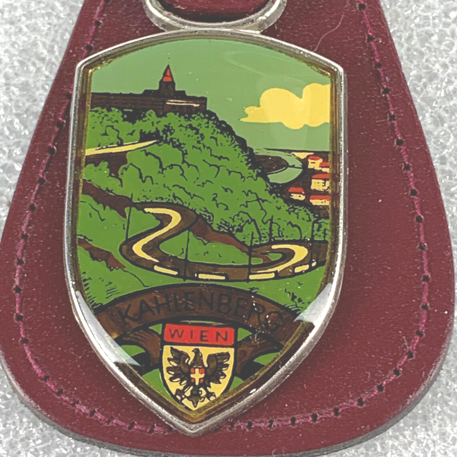 Vintage Kahlenberg Shield Wien Keychain  Enamel High Quality Brown Leather 