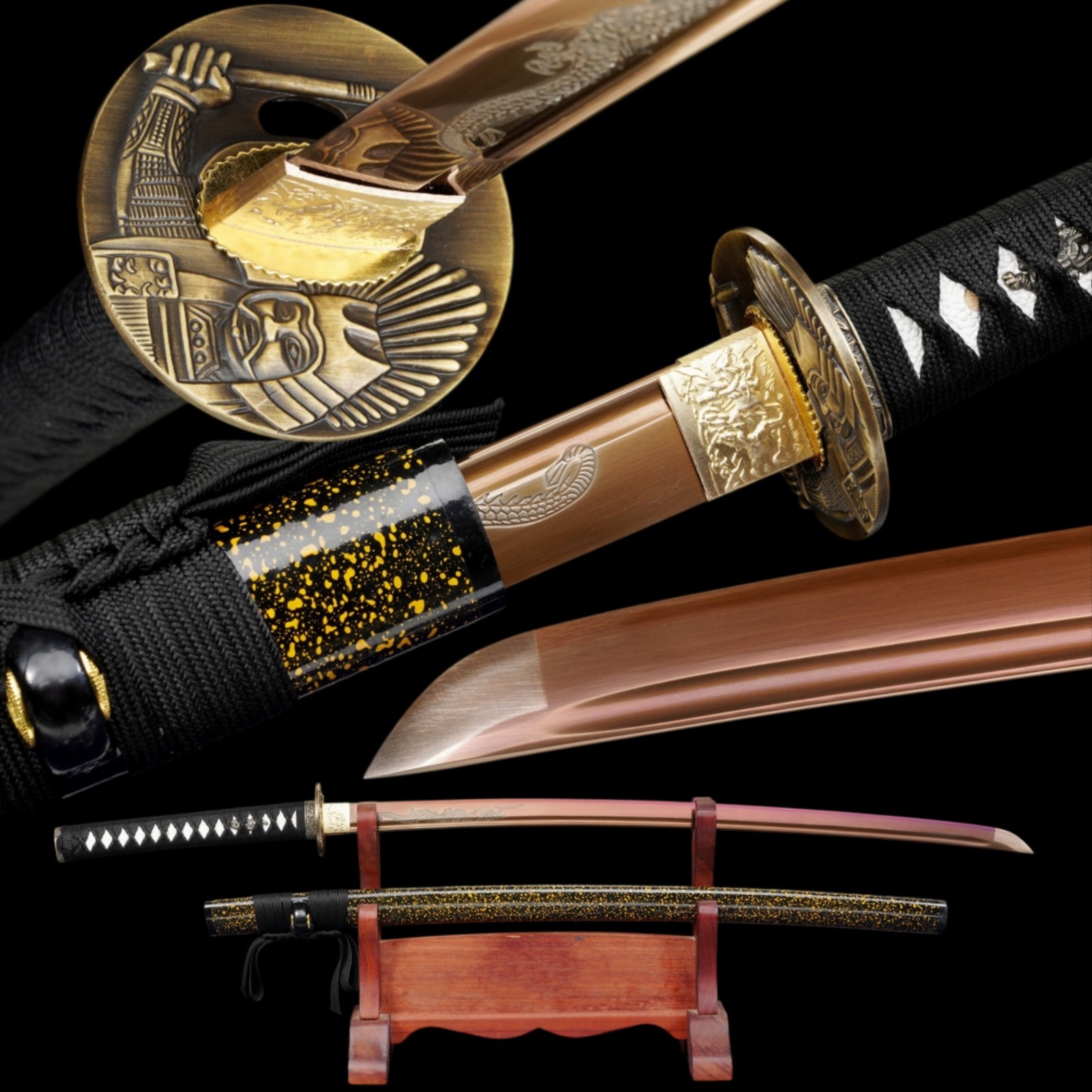 Japanese Katana Golden Armor Forged High Carbon Steel Etched Full Tang