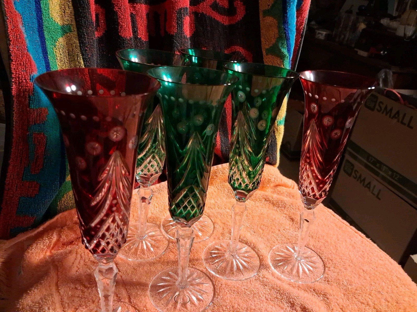 Six Waterford Crystal Champagne Flute Cut To Clear Christmas Green Hungary Made Six Waterford Crystal Champagne Flute Cut To Clear Christmas Green Hungary Made