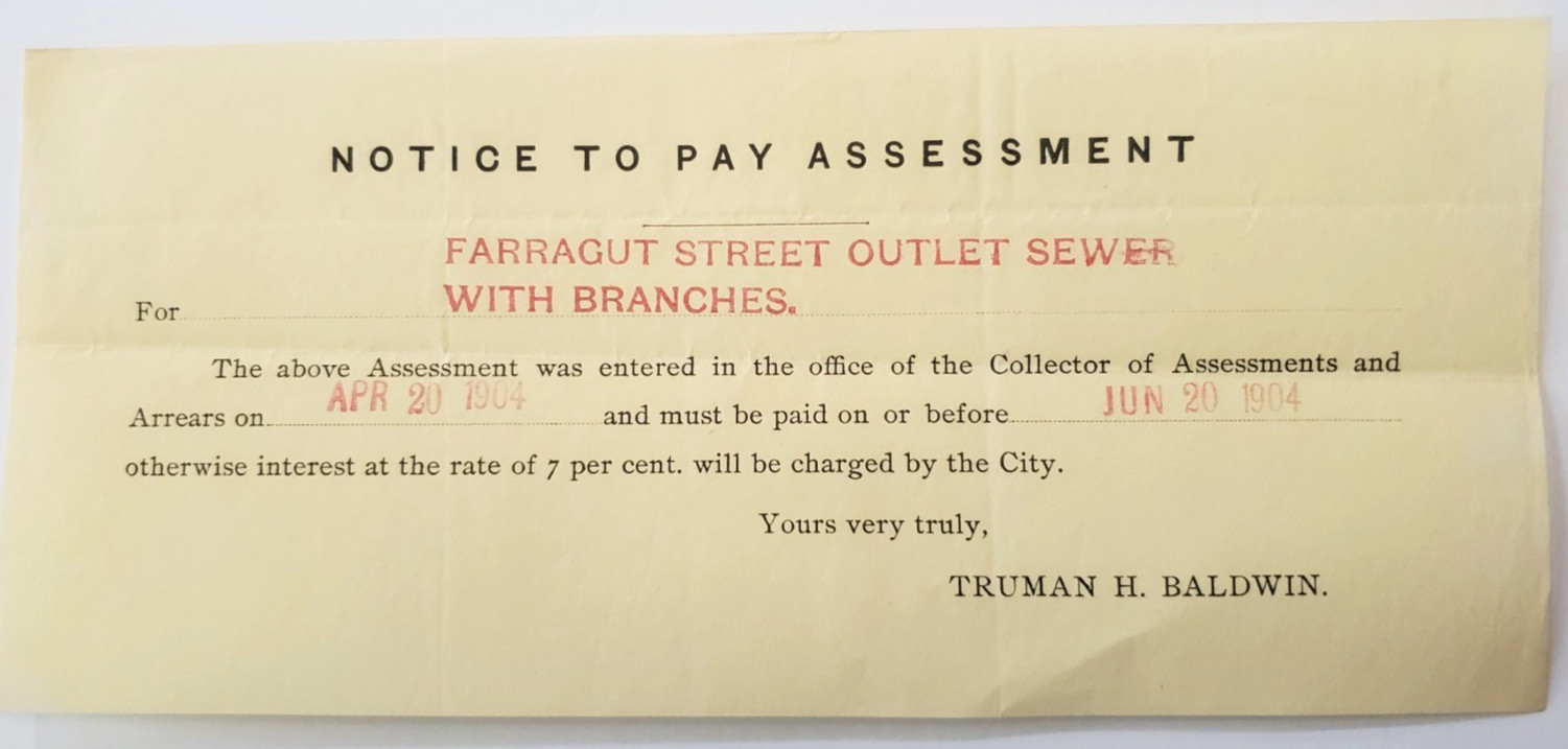 1904 Sewer Assessment Notice, Farragut Street (New York), Truman H. Baldwin