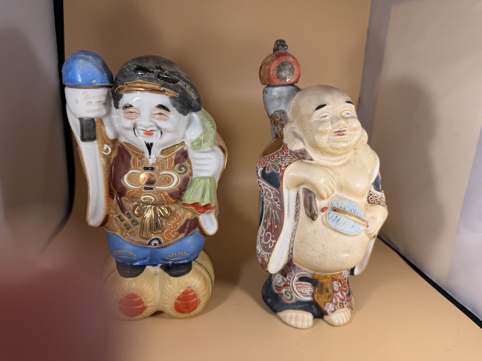 Pair of Vintage Japanese Porcelain Kamotsuru Sake Bottles, Daikoku and Ebisu