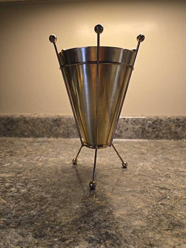 Atomic Mid Century Modern Brushed Aluminum Canister Legged Planter Container MCM
