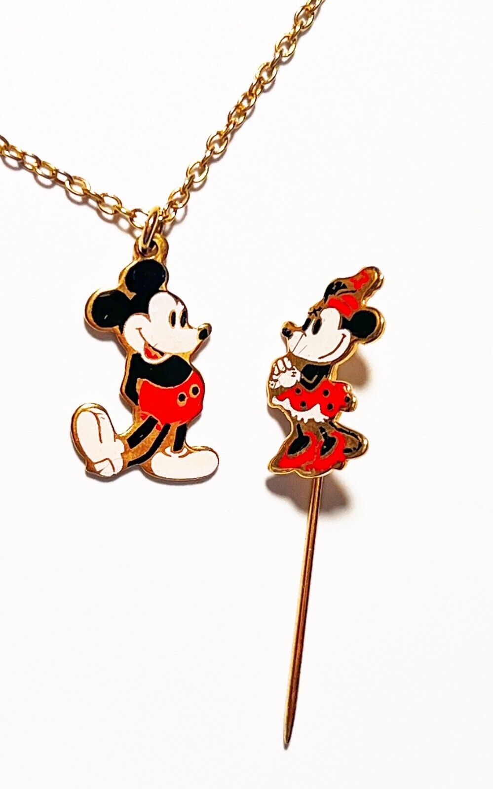 Vintage 1970's Mickey & Minnie Mouse Necklace + Stick Pin Set, Walt Disney Prod.