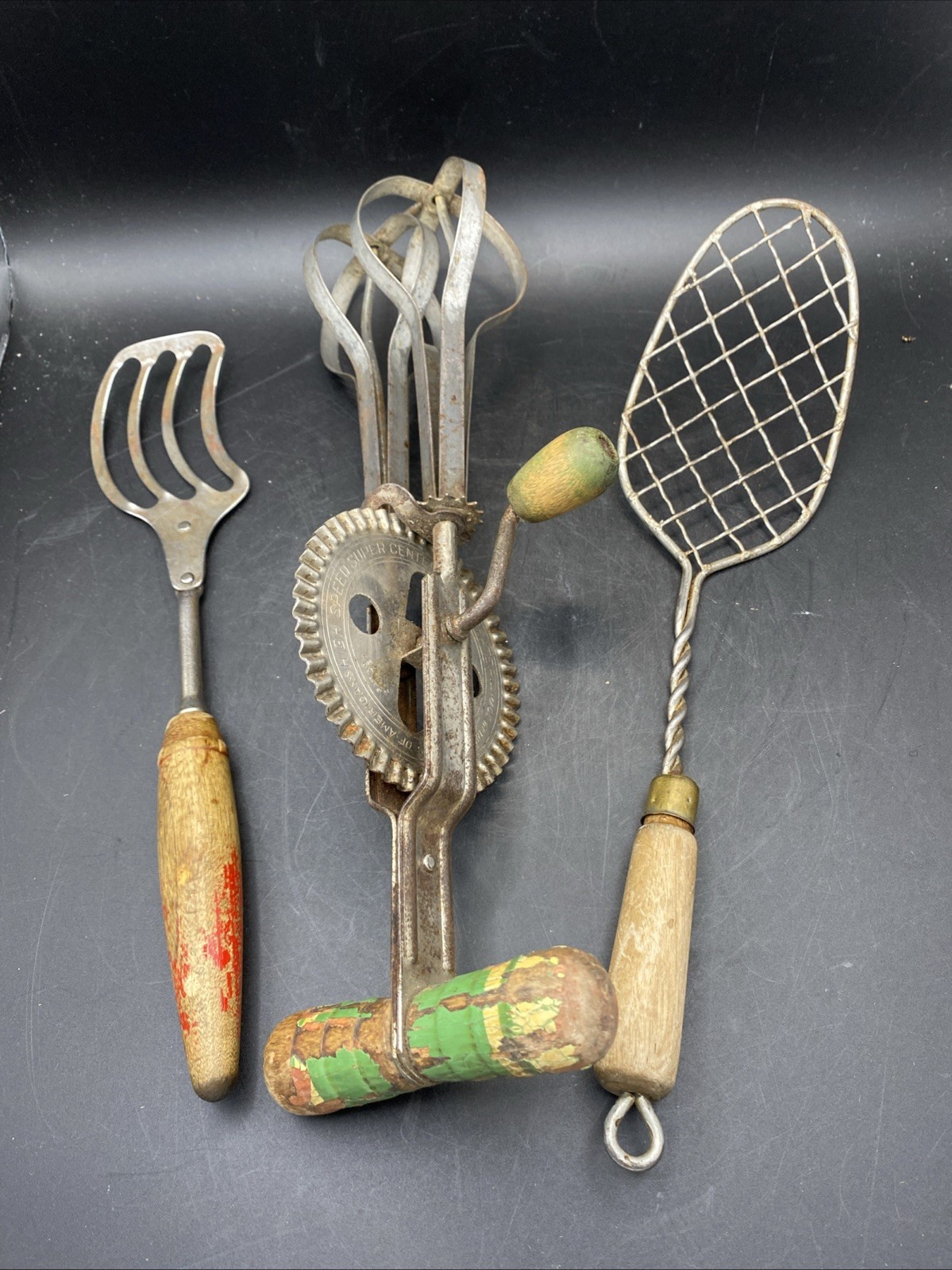 Vtg Green Wood Handle Kitchen Utensil Lot 3 Pc Egg Beater Masher Spatula 