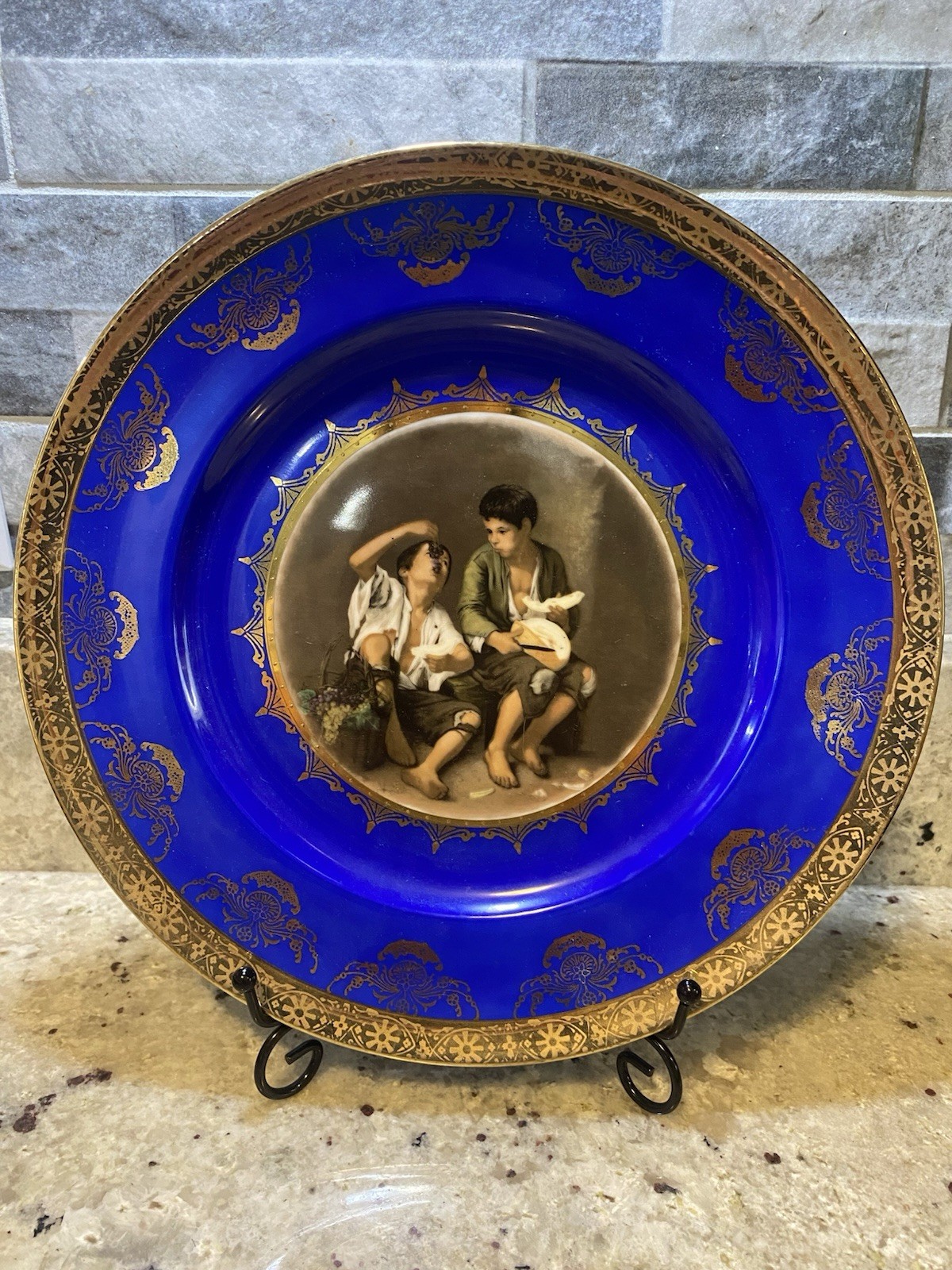 VINTAGE JKW PORCELAIN COBALT BLUE AND GOLD GILTED PLATE