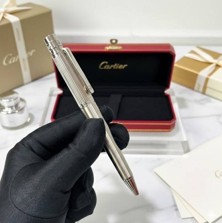 Cartier Santos Ballpoint Pen Silver Trim Elegant Writing Instrument Full Box
