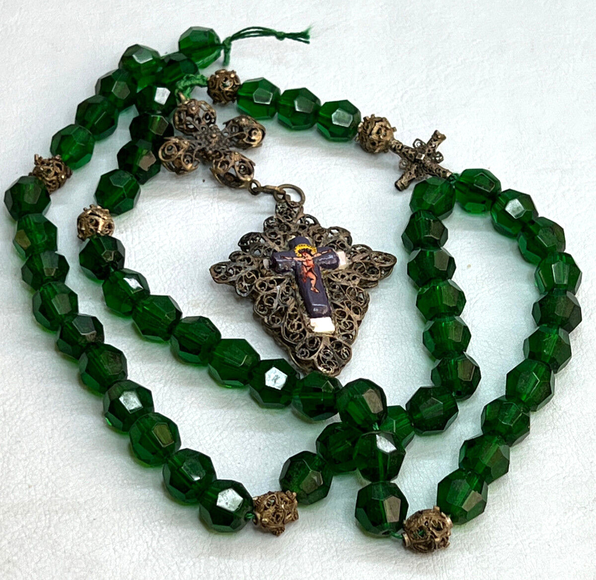Antique Rosary Necklace Filigree Enamel Cross Emerald Faceted Large Glass Bead