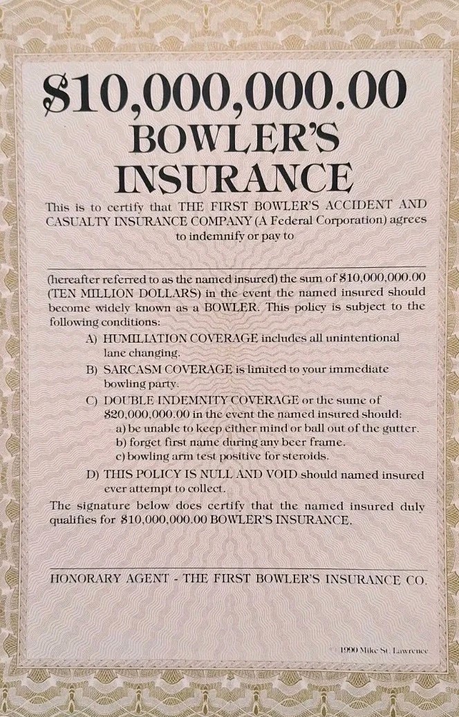 VTG 1990 MIKE ST. LAWRENCE BOWLERS INSURANCE POLICY Blank Novelty Lot Of 11 RARE