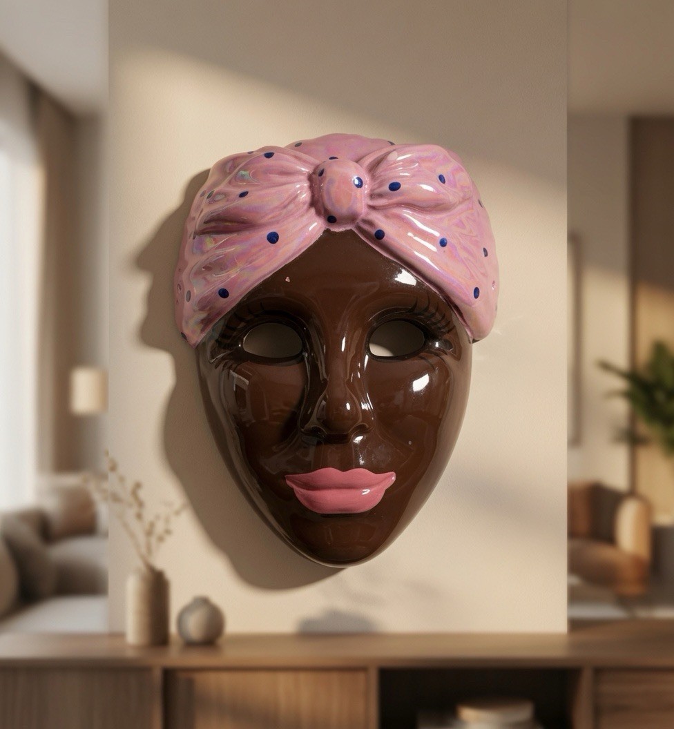 Vintage 1992 Signed Selma Noble Ceramic Wall Mask - Pink Headwrap Black Woman